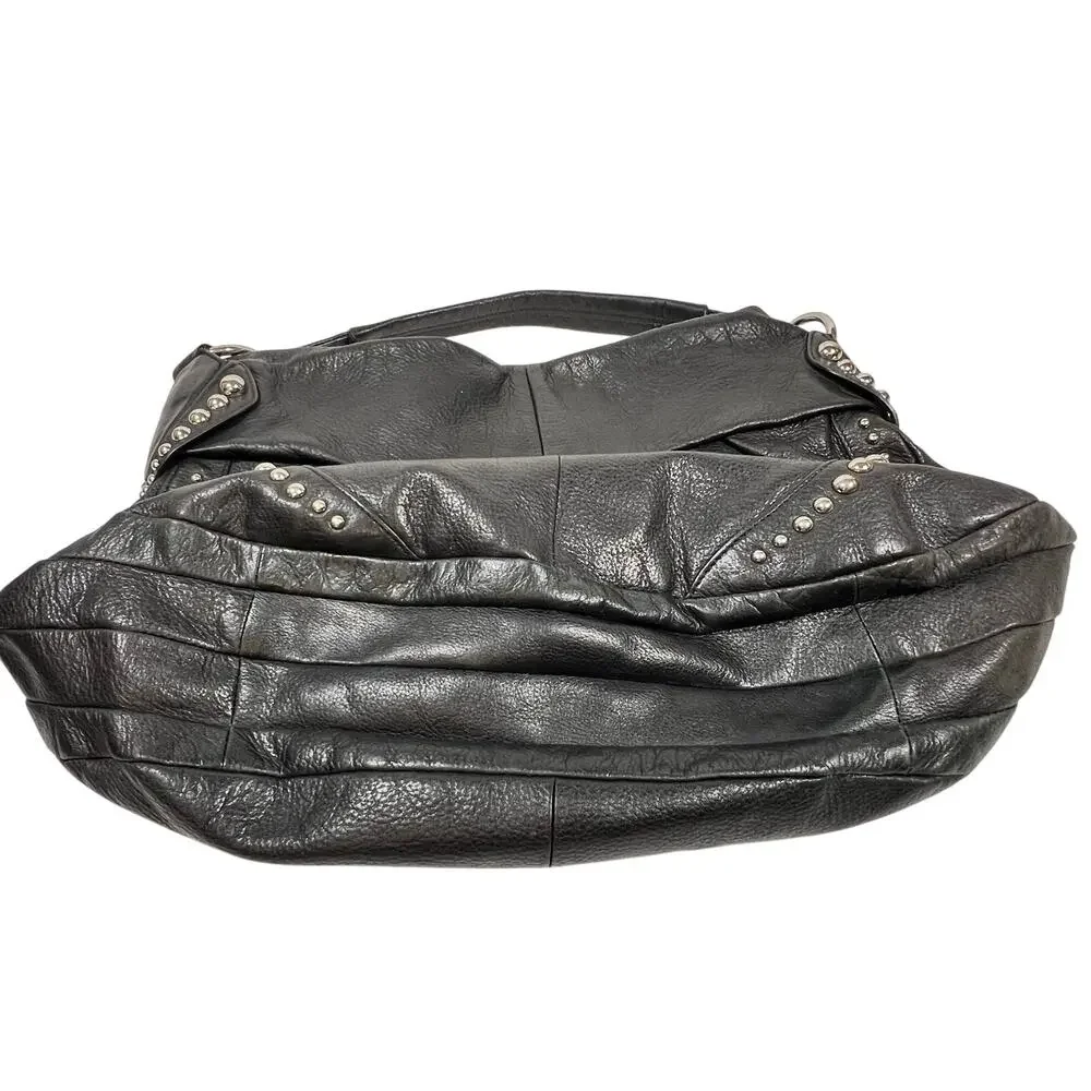 B. Makowsky Hobo Bag Purse Black Pebbled Leather Silver Studded Leopard Lining - Picture 5 of 11
